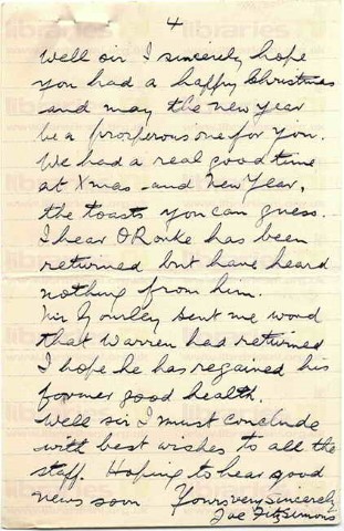 FIT 023. Letter from Fitzsimons to Goldsbrough 10 January 1918. France. *Typo-should be 1919*. Camp, demobilisation, New Year. Page four of four.