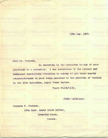 COU 015. Letter from Elliott to Coulson 13 May 1915. Captaincy, congratulations. Page one of one. 