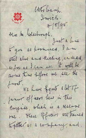 WAR 002. Letter from Warren to Goldsbrough 10 August 1915. Hawick, Scotland. Officers, camp, Simpson. Page one of three. 