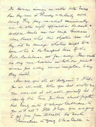 COU 037. Letter from Coulson to Elliott 23 August 1916. France. Long march, trenches, German air raids. Page three of four. 