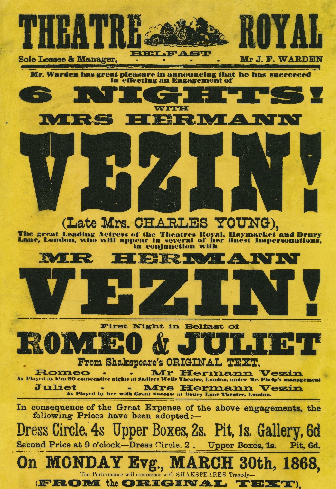 Bill from March 1868 features husband and wife Hermann and Jane Vezin