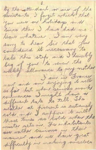 EAG 001. Letter from Eagleson to Elliott 31 October 1915. France. Allowance stopped, French. Page three of five. 