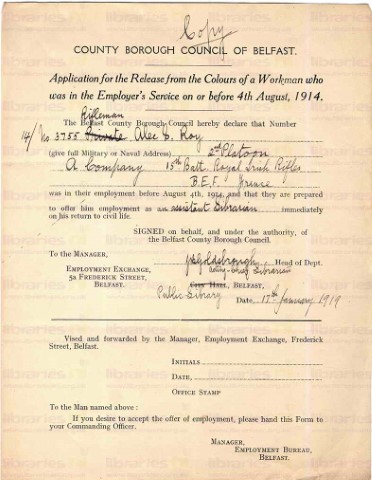 ROY 014. Application for Release from the Colours 17 January 1919. Page one of one. 