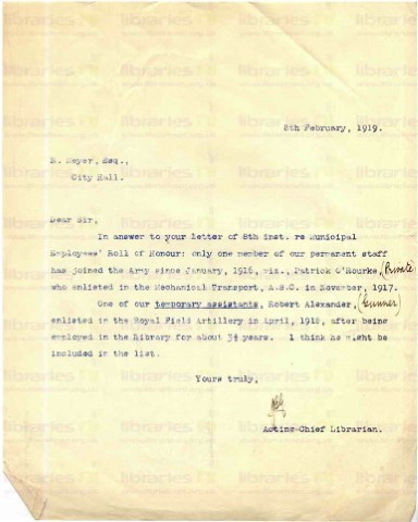 ADM 008. Letter from Goldsbrough to R. Meyer Town Clerk 8 February 1919. Page one of one. 