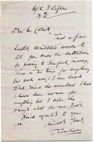 COU 018. Letter from Coulson to Elliott 29 June 1915. Moving to Seaford. Page one of one. 