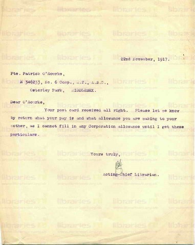 ORO005. Letter from Goldsbrough to O'Rourke 22 November 1917. Pay and allowance. Page one of one. 