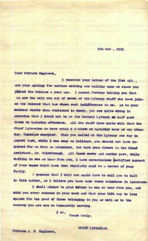 EAG 002. Letter from Elliott to Eagleson 5 November 1915. Allowance. Page one of one. 