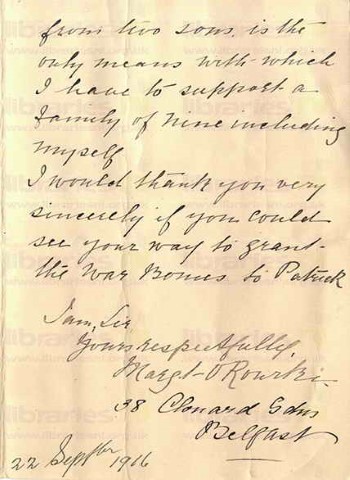 ORO 001. Letter from Margaret O'Rourke (P. O'Rourke's mother) to Elliott 22 September 1916. Family earnings, war bonus. Page two of two. 