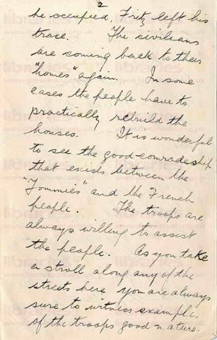 FIT 026. Letter from Fitzsimons to Goldsbrough 16 December 1918. Le Cateau, France. French civilians and soldiers. Page two of four. 