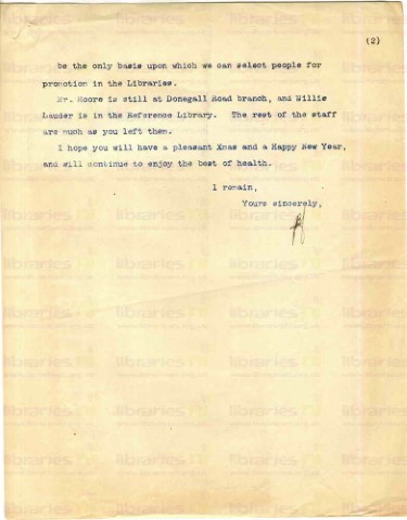EAG 021. Letter from Goldsbrough to Eagleson 18 December 1918. Staff at war, library matters, Christmas wishes. Page two of two. 