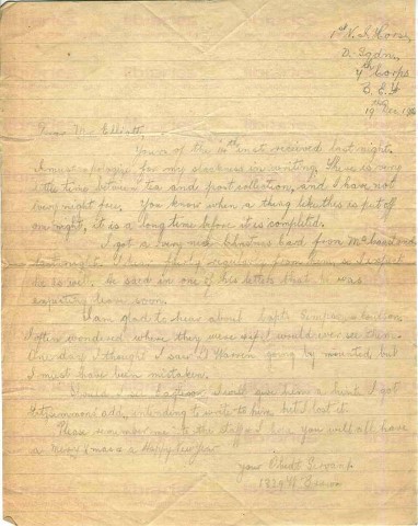 BRO 006. Letter from Brown to Elliott 19 December 1916. Too busy to write, other staff at war. Page one of one. 