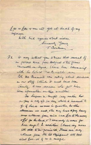 COU 003. Letter from Coulson to Elliott, Chief Librarian. Dublin 23 October 1914. Training, cost of living. Page four of four. 