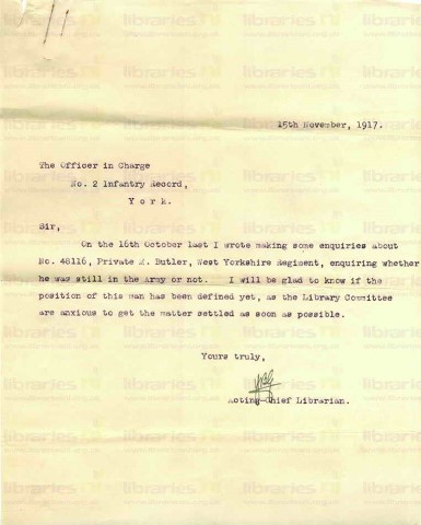 BUT 021. Letter from Goldsbrough to Officer in Charge No.2 Infantry Record, York 15 November 1917. Clarification on army position. Page one of one.