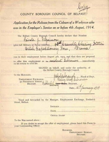 FIT 027. Application for Release from The Colours 16 January 1919. Page one of one. 