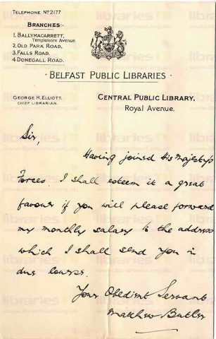 BUT 001. Letter from Butler to Elliott 15 March 1916. Belfast. Joined forces. Page one of one. 