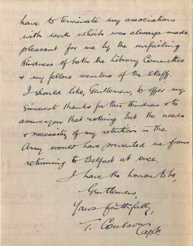 COU 052. Letter from Coulson to Goldsbrough and the Library Committee 4 May 1919. Retained for special duties, resignation. Page two of two.