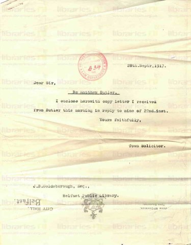 BUT 018 V2. Letter from John McCormick, Town Solicitor to Goldsbrough 28 September 1917. Letter received. Page one of one. Duplicate.