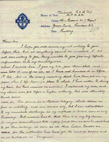 ORO 015. Letter from O'Rourke to Goldsbrough 21 March 1919. Grove Park, London. Demobilization, Medical Category, military in London. Page one of two. 