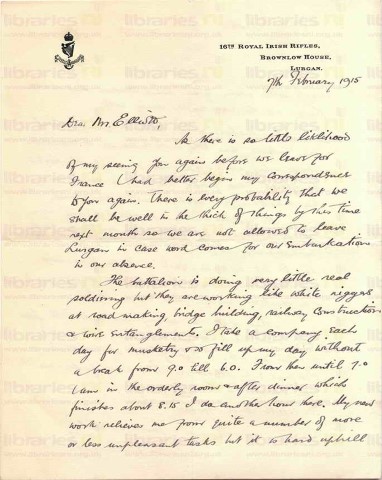 COU 009. Letter from Coulson to Elliott 7 February 1915. Lurgan. Leaving Lurgan, routine, horse riding. Page one of two. 