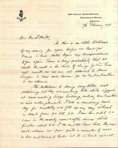 COU 009. Letter from Coulson to Elliott 7 February 1915. Lurgan. Leaving Lurgan, routine, horse riding. Page one of two. 