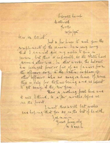WAR 003. Letter from Warren to Elliott 20 December 1915. Catterick, Yorkshire. Christmas wishes. Page one of one. 