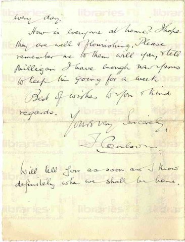 COU 047. Letter from Coulson to Goldsbrough 14 November 1918. France. Education Officer, lecturing on demobilisation, men hoping to get home. Page three of three. 