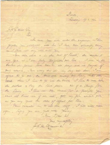 McC 007. Letter from McCausland to Elliott 19 June 1916. France. Trenches, writing from a dug-out door. Page one of one. 