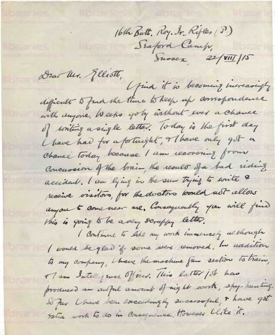 COU 020. Letter from Coulson to Elliott 22 August 1915. Seaford, Sussex. Injury, Intelligence Officer, Sir A Murray and Kitchner, U.V.F., local area. Page one of three. 