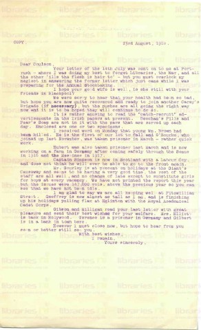 COU 046. Letter from Goldsbrough to Coulson 23 August 1918. Newspaper ads-recruitment, Brown killed, other men at war, library matters, family. Page one of one. 