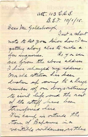 FIT 023. Letter from Fitzsimons to Goldsbrough 10 January 1918. France. *Typo-should be 1919*. Camp, demobilisation, New Year. Page one of four.