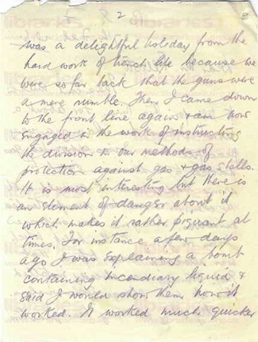 COU 031. Letter from Coulson to Elliott 27 February 1916. France. Gas advisor, snow, newspaper reporting, McCausland, officers and their men, trenches. Page two of eight. 