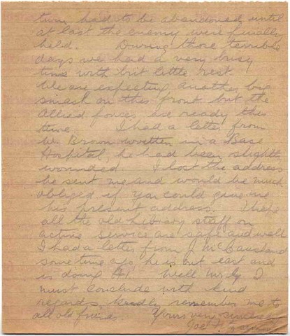 FIT 025. Letter from Fitzsimons to Goldsbrough 6 June 1918. France. Close to the firing line, Brown. Page two of two. 