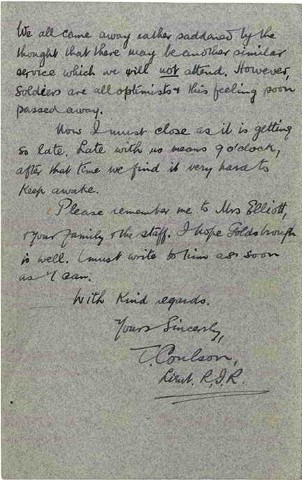 COU 006. Letter from Coulson to Elliott 6 November 1914. Dublin. Inoculations, injured heel, officer training, mass for officer killed in action. Page four of four. 