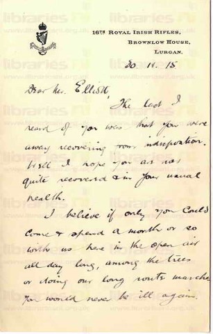 COU 012. Letter from Coulson to Elliott 30 April 1915. Lurgan. Working outdoors, review. Page one of three. 