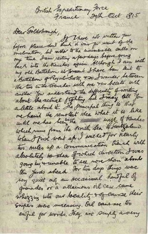 COU 025. Letter from Coulson to Goldsbrough 29 October 1915. France. Trenches, Albert. Page one of four. 