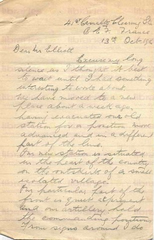 FIT 013. Letter from Fitzsimons to Elliott 13 October 1916. France. Casualty clearing station, roads, French countryside, star shells. Page one of four. 