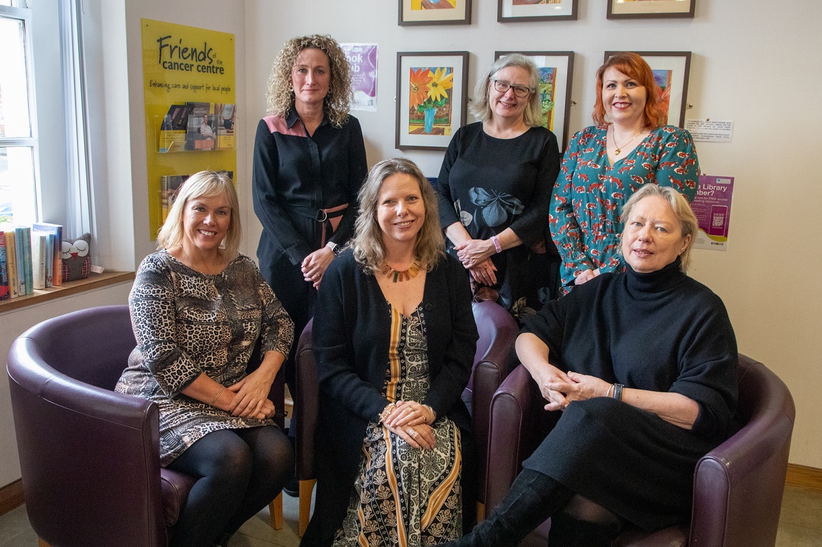 Photo: Debbie Wightman - Belfast Trust Co-Director for Cancer & Specialist Medicine, Julie McGrady – Macmillan Service Improvement Lead, Bonnie Anley - Libraries NI Chairperson, Margaret McManus – Macmillan Information Services Manager, Mary-Ellen Lynn – Libraires NI Area Manager and Adrienne Adair – Libraries NI Director of Library Services