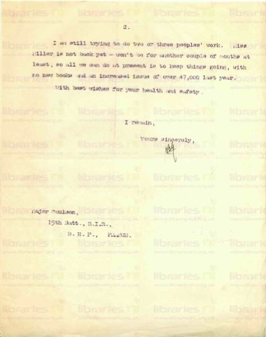 COU 040. Letter from Goldsbrough to Coulson 10 May 1917. Other staff at war, Goldsbrough's nephew Hubert, library matters. Page two of two. 