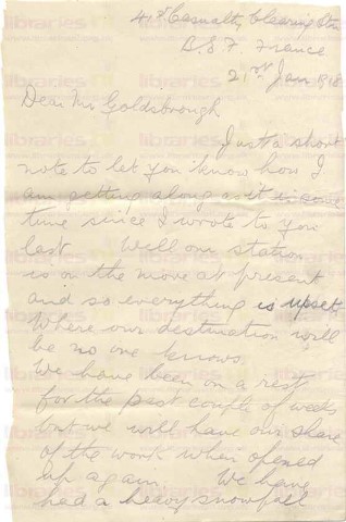 FIT 024. Letter from Fitzsimons to Goldsbrough 21 January 1918. France. Station, weather, O'Rourke. Page one of three. 