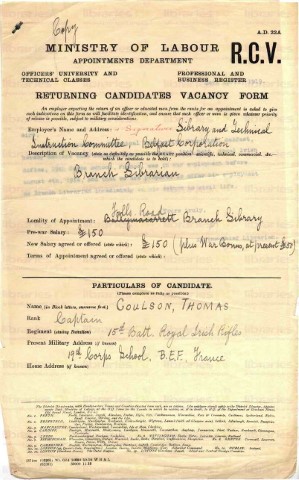 COU 056. Returning Candidate Vacancy Form 1 June 1919. Page one of one. 