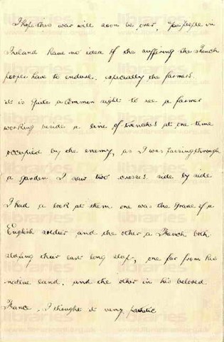 McC 002. Letter from McCausland to Elliott 1 October 1915. France. Trenches, effect of war on landscape and French people, graves. Page three of four. 