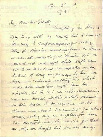 COU 037. Letter from Coulson to Elliott 23 August 1916. France. Long march, trenches, German air raids. Page one of four. 