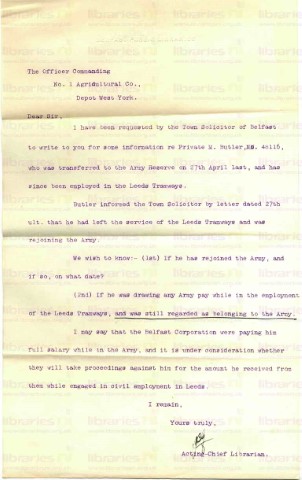 BUT 019 v2. Letter from Goldsbrough to Commanding Officer No. 1 Agricultural Co. 16 October 1917. Clarification on employment. Page one of one. Duplicate.