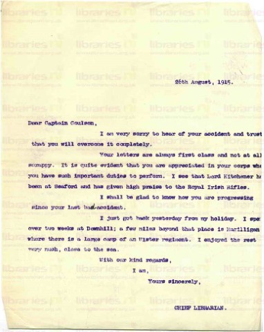 COU 021. Letter from Elliott to Coulson 26 August 1915. Kitchner, holiday. Page one of one. 