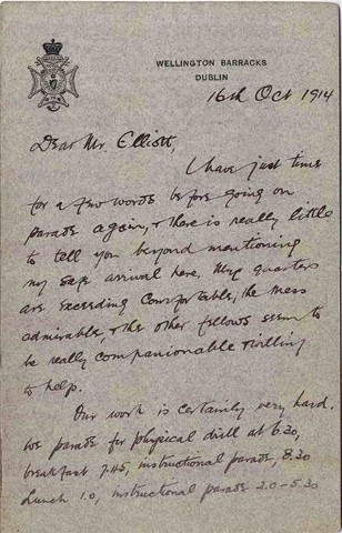 COU 002. Letter from Coulson to Elliott, Chief Librarian 16 October 1914. Dublin. Training. Page one of three. 
