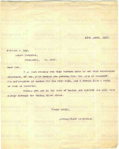 ROY 006. Letter from Goldsbrough to Roy 12 April 1917. Separation allowance. Page one of one. 