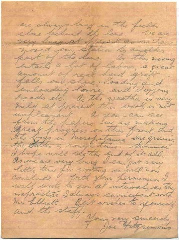 FIT 016. Letter from Fitzsimons to Goldsbrough 3 February 1917. France. Elliott's death, Belfast food production, French farmers, war effort. Page two of two. 