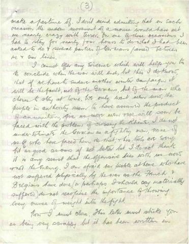 COU 028. Letter from Coulson to Elliott 5 December 1915. France. Trenches. Page three of four. 