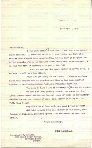 COU 011. Letter from Elliott to Coulson 30 April 1915. Review, Simpson, library matters. Page one of one. 