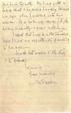 WAR 005. Letter from Warren to Elliott 20 March 1916. France. 16th Royal Scots, Sir George McCrae, officer receives military cross, meets Simpson. Page four of four. 